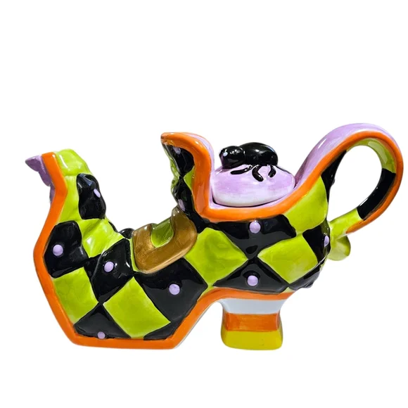 Ceramic Halloween Witch's Boot Teapot Spider Lid Harlequin Check Whimsical Decor - Picture 3 of 16